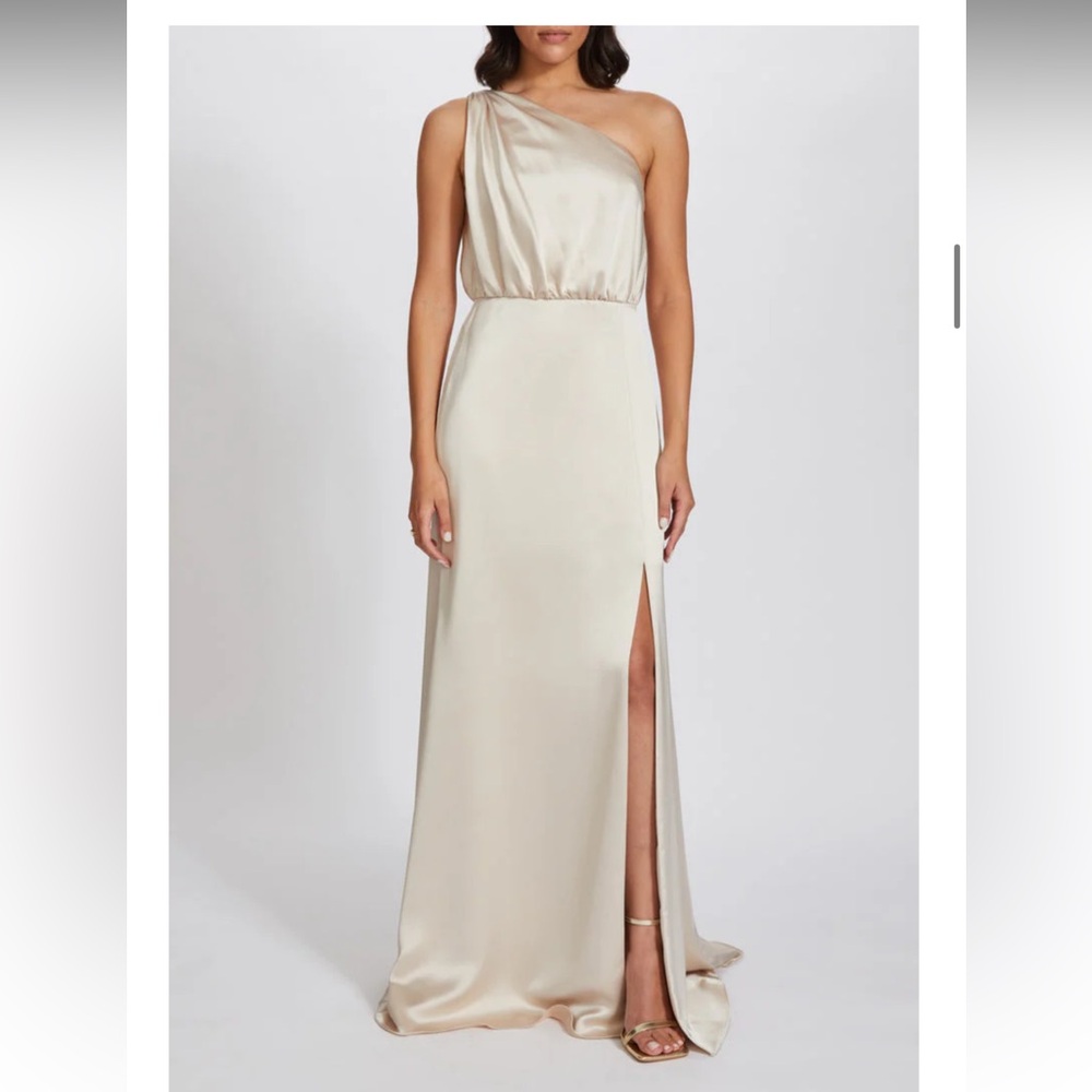AMSALE FLUID SATIN DRESS OLIVE GREEN